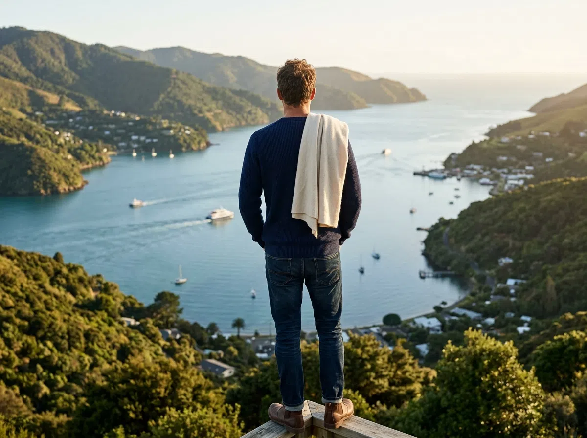 Anonymous man looking over New Zealand harbour, active lifestyle after 50
